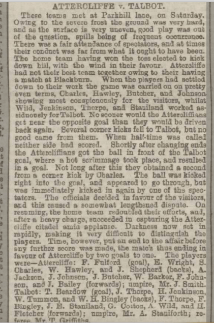 Attercliffe v Talbot dec 1879 Shef Daily Tel